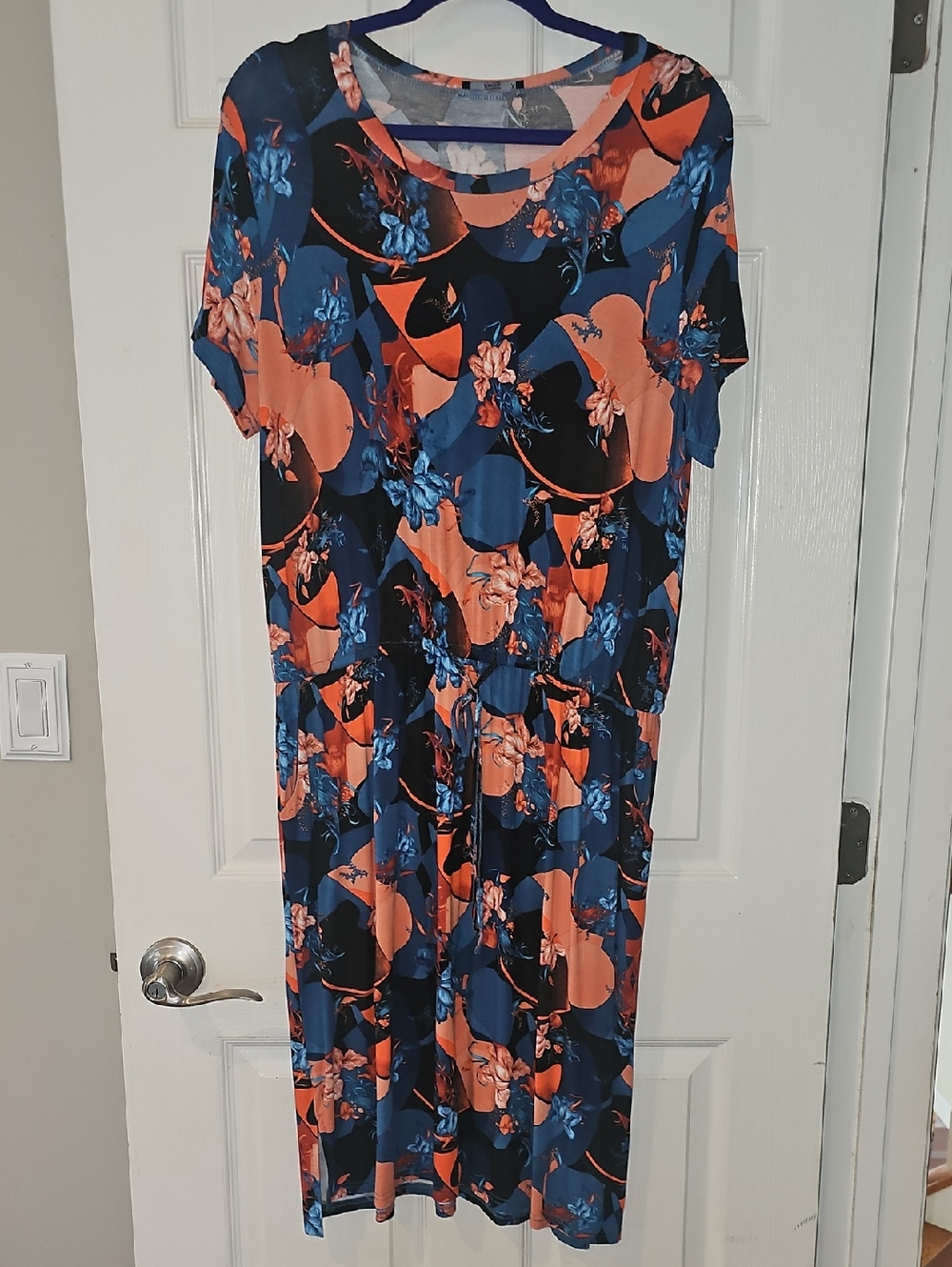 Navy and Coral Floral Midi Dress with Elastic Waist